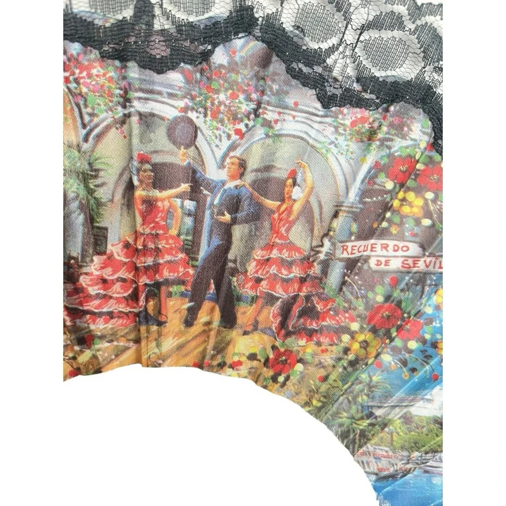 Vintage Souvenir Fan From Sevilla Spain- Fabric & Lace Flamenco Dancers